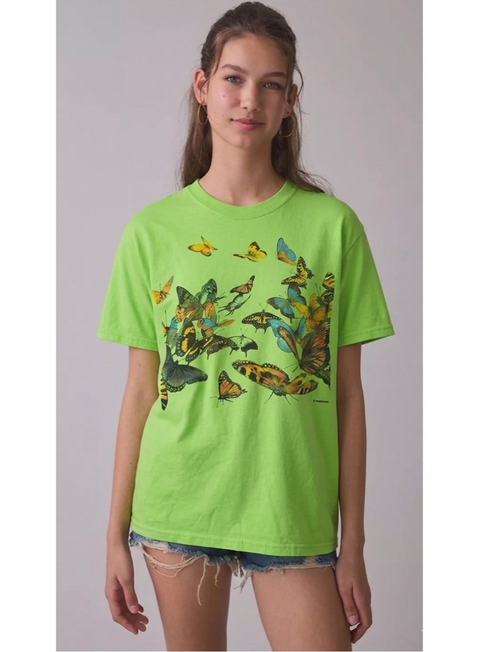 VINTAGE HABITAT 90s Butterfly Neon Green Graphic Tee Large